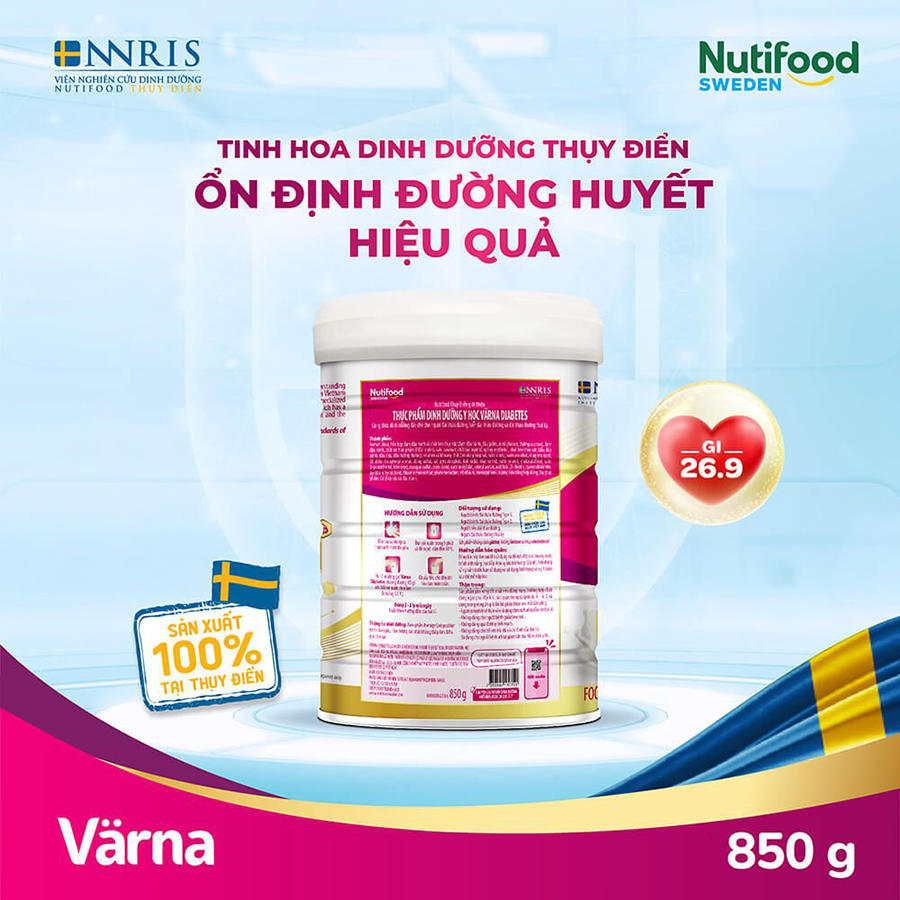 Sữa bột Värna Diabetes Ổn định đường huyết (GI = 26,9) (Lon 850g)