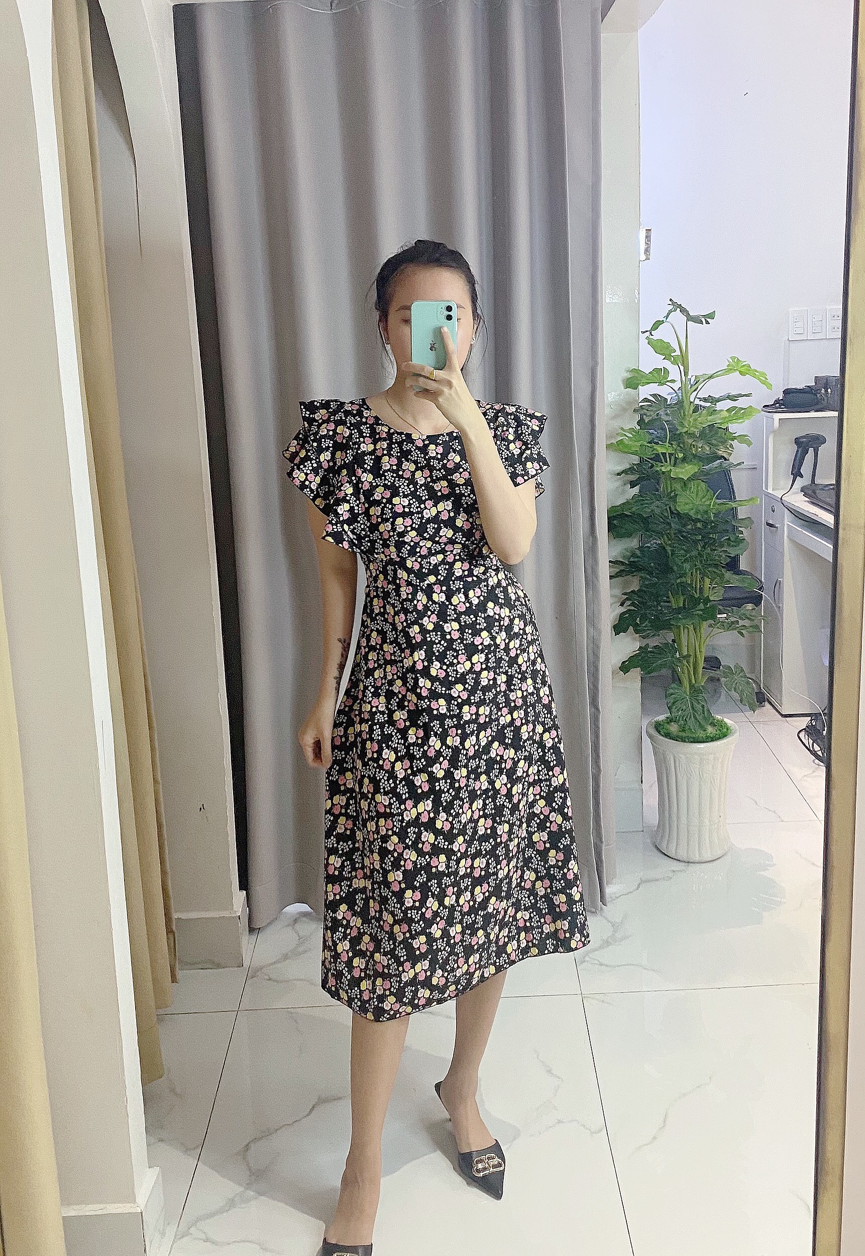 Váy đầm nữ công sở đẹp,Váy nữ thời trang tiểu thư tiệc cưới, váy hoa nhí chữ A tay bèo V014