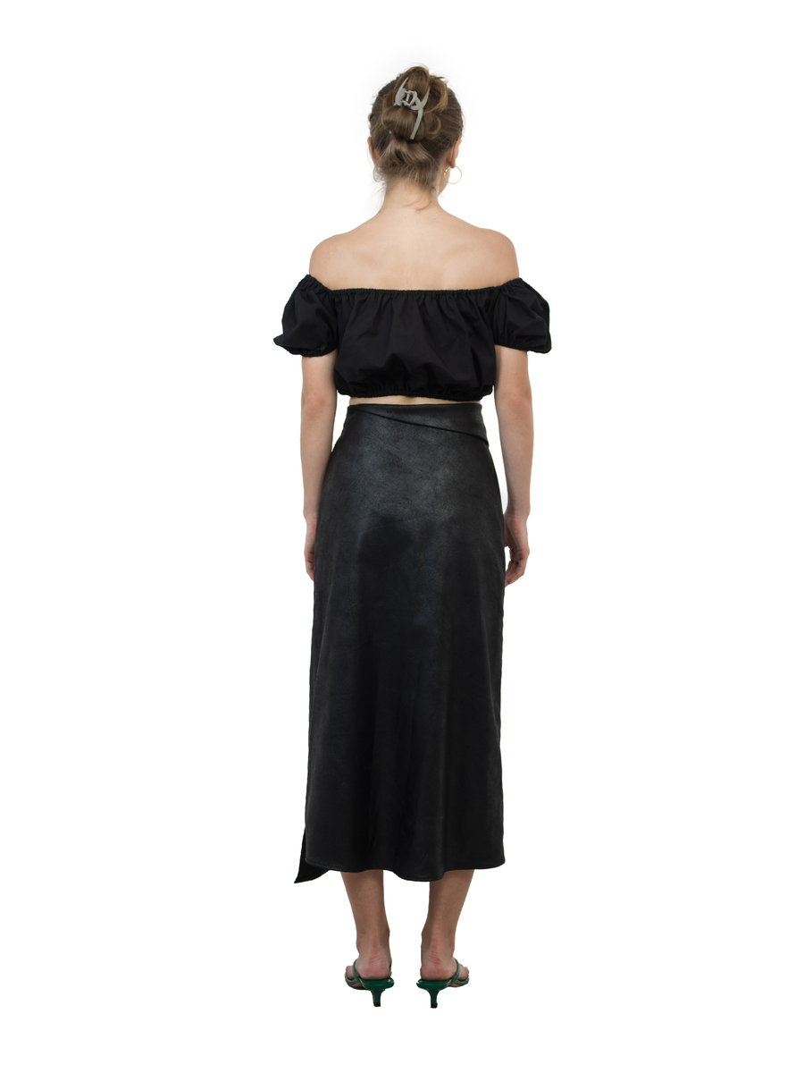 là min -  Chân Váy Black Leather Midi Skirt