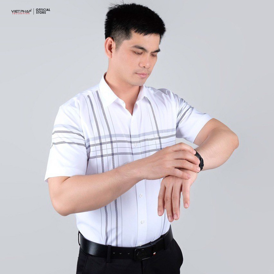 Áo Sơ Mi Bamboo Sọc ngắn tay nam VIỆT PHÁP / Form Luxury / Chất liệu sợi tre Cao Cấp thoáng mát, thấm hút mồ hôi tốt 35514