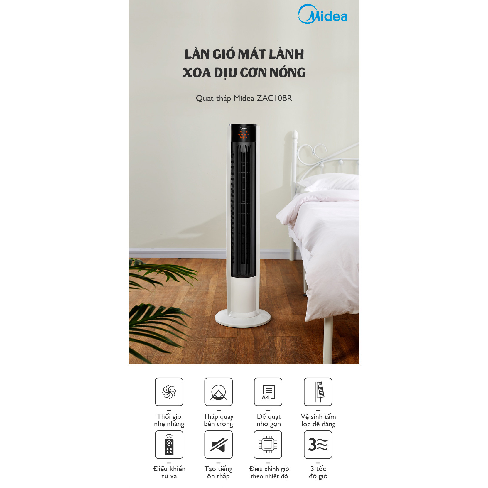 Quạt tháp MIDEA ZAC10BR điều khiển từ xa thông minh - Hàng chính hãng