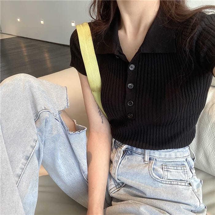 Áo croptop dệt kim tay ngắn cổ polo Happy Store thời trang Hàn Quốc thanh lịch