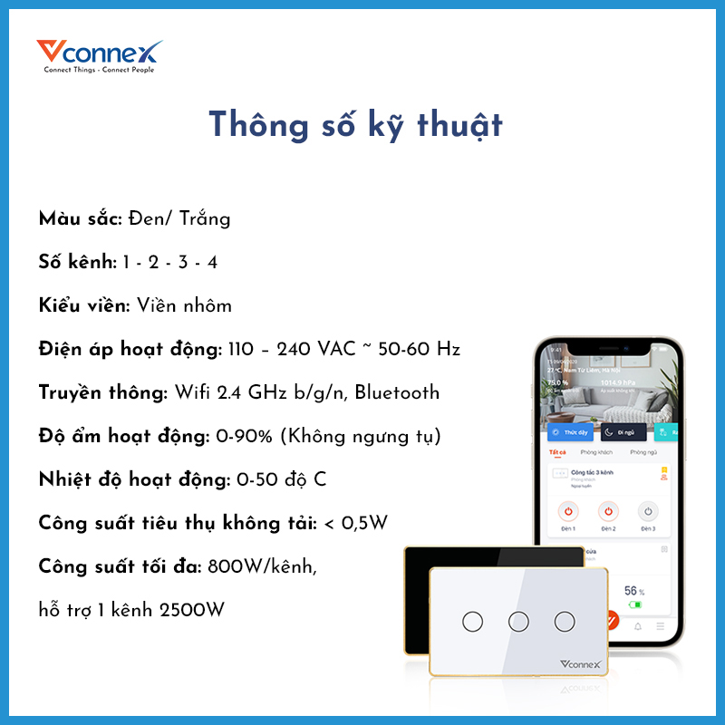 Công tắc cảm ứng thông minh Vconnex, Hình chữ nhật 1 nút Viền nhôm