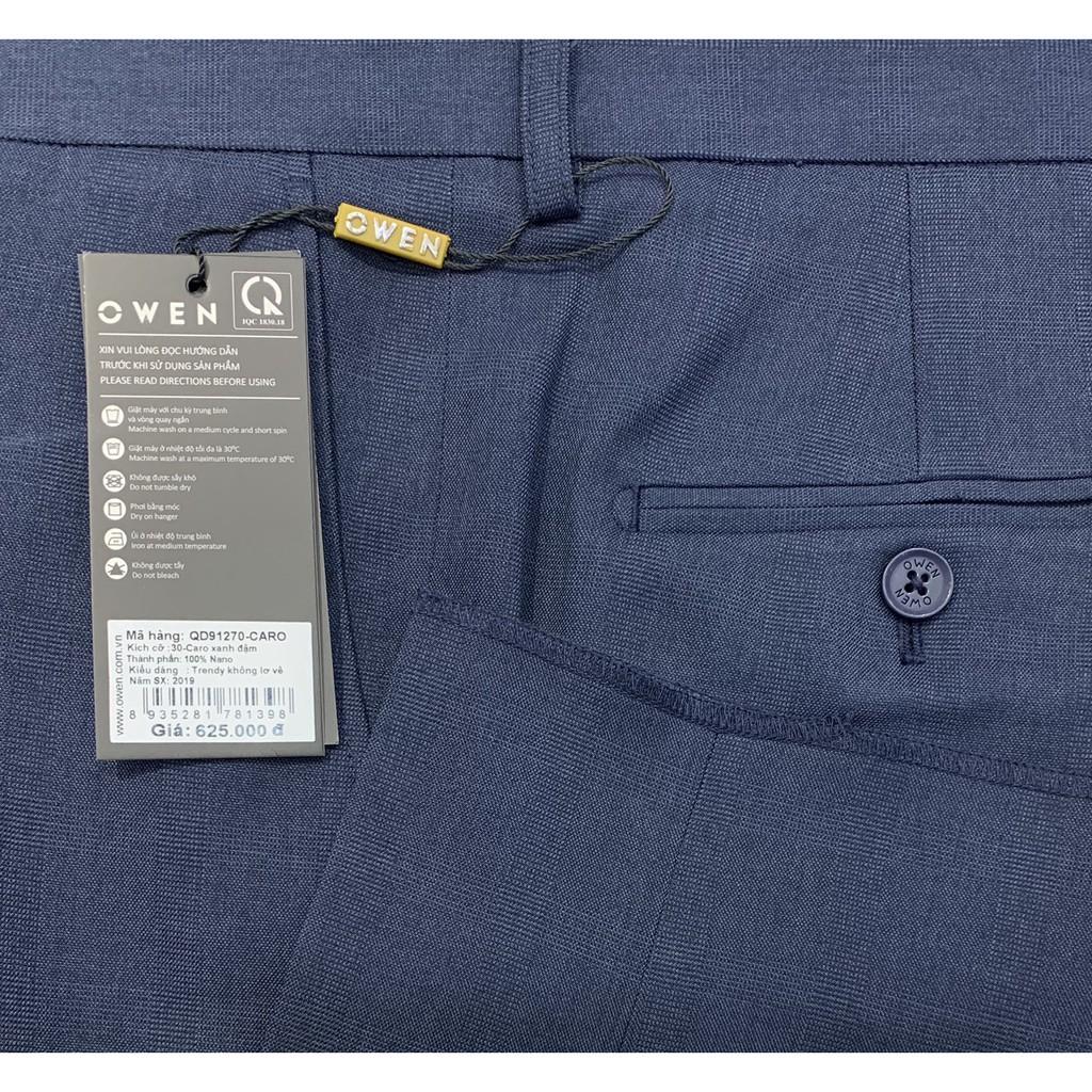 OWEN - Quần âu nam dáng TRENDY màu xanh tím than vải in vân ca rô 91270