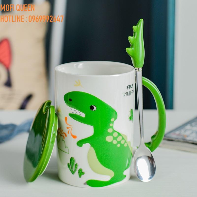 Ly sứ uống nước in hình khủng long kèm nắp và muỗng 450ml. Thích hợp làm quà lưu niệm, tặng bạn bè, người thân