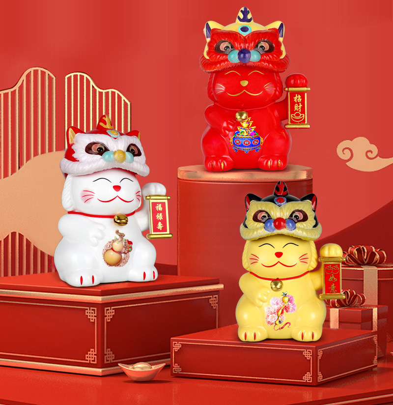 Tượng Mèo Thần Tài Đội Mũ Lân May Mắn, Tài Lộc