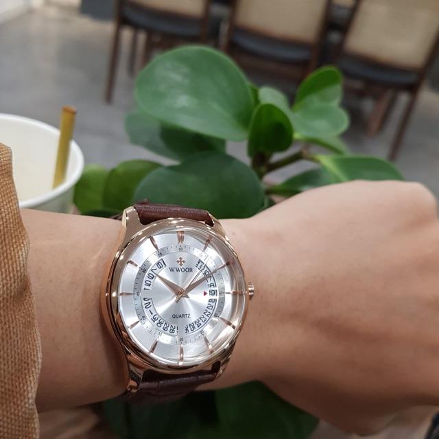 Đồng hồ nam Wwoor dây da thời trang có lịch chính hãng Tony watch 68