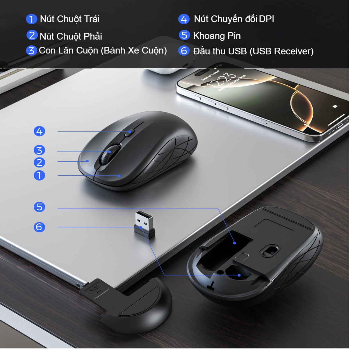 Chuột không dây 2.4G Choetech KB-002 độ nhạy chuột (DPI) 400 / 800 / 1200 - Hàng chính hãng