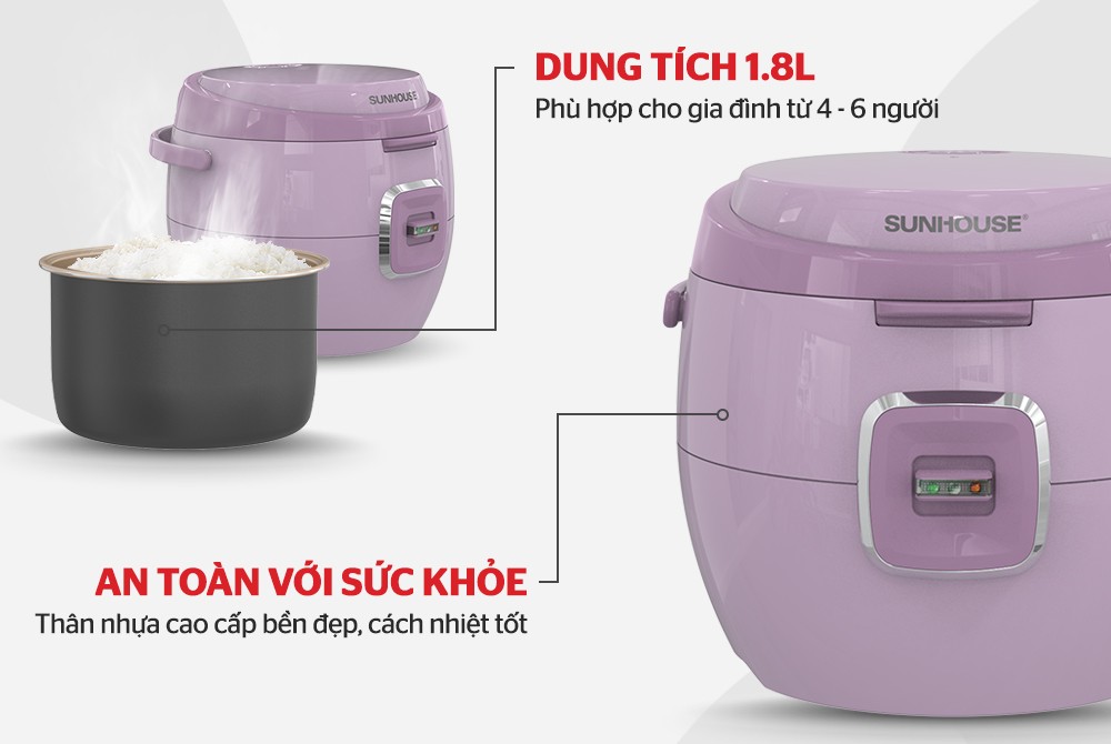 Nồi Cơm Điện 1.8L Sunhouse SHD8663 - Màu Ngẫu Nhiên - Hàng Chính Hãng