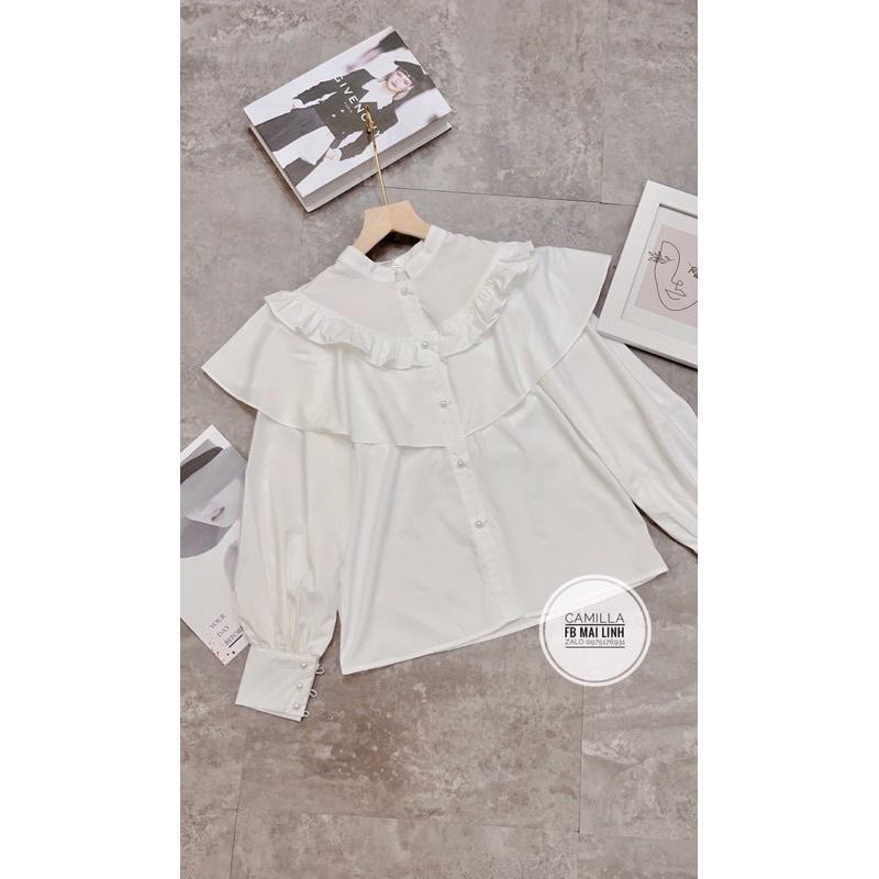 Áo sơ mi cổ trụ cúc ngọc bèo tầng