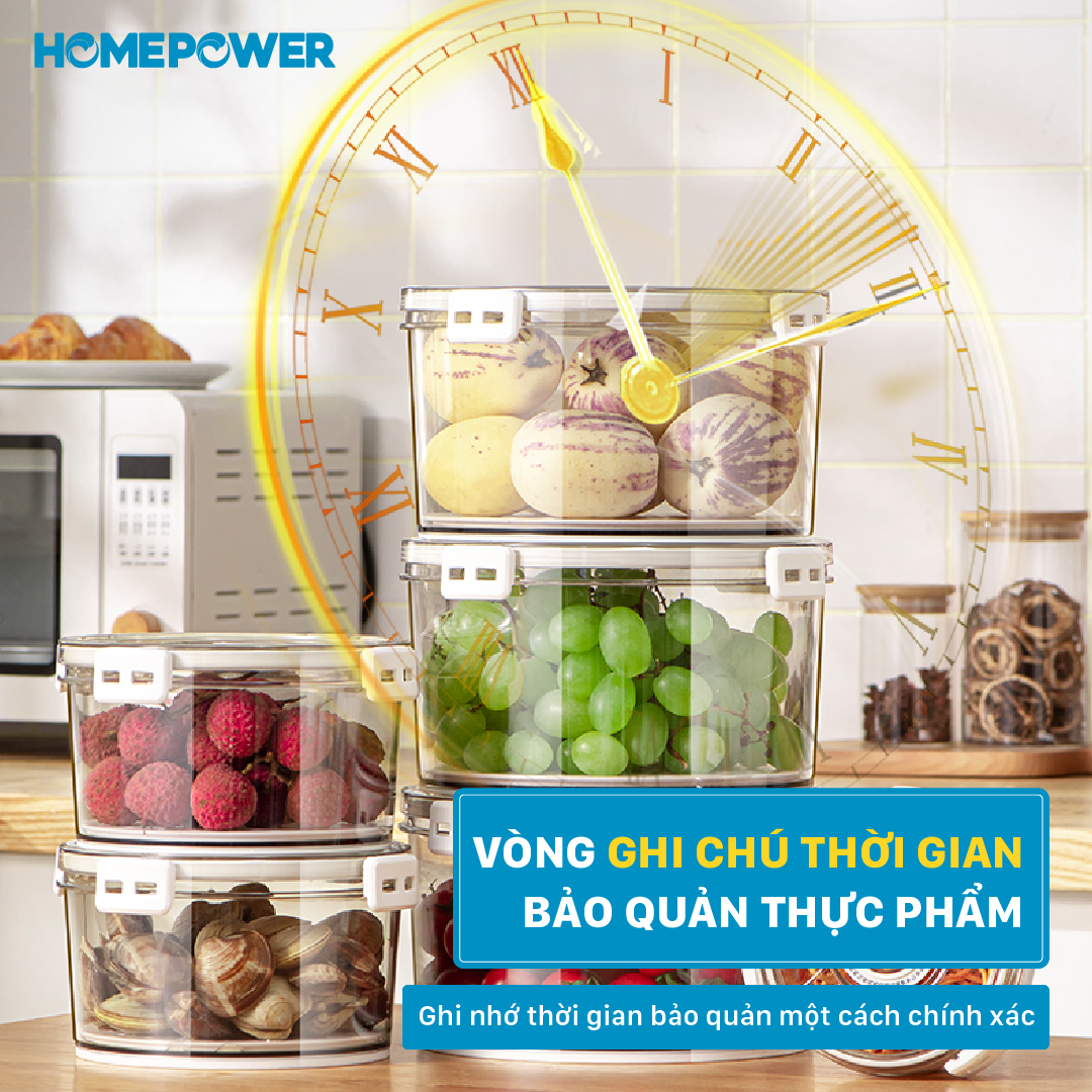 Hình ảnh Set 3 hộp tròn đựng thực phẩm tủ lạnh Homepower bảo quản thực phẩm có lót đáy ráo nước, van thoát khí PET Xuất Khẩu EU