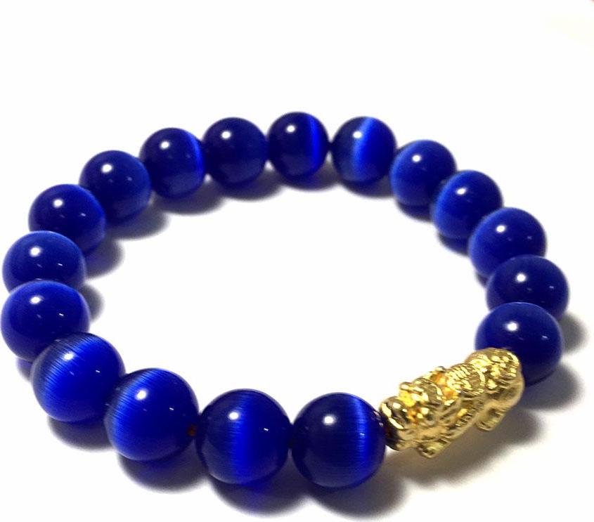 Vòng tay phong thủy đá mắt mèo màu xanh nước kèm cham tì hiu bạc mạ vàng 24k cao cấp cho người mệnh mộc - mệnh thủy - VPT28A- Bạc QTJ