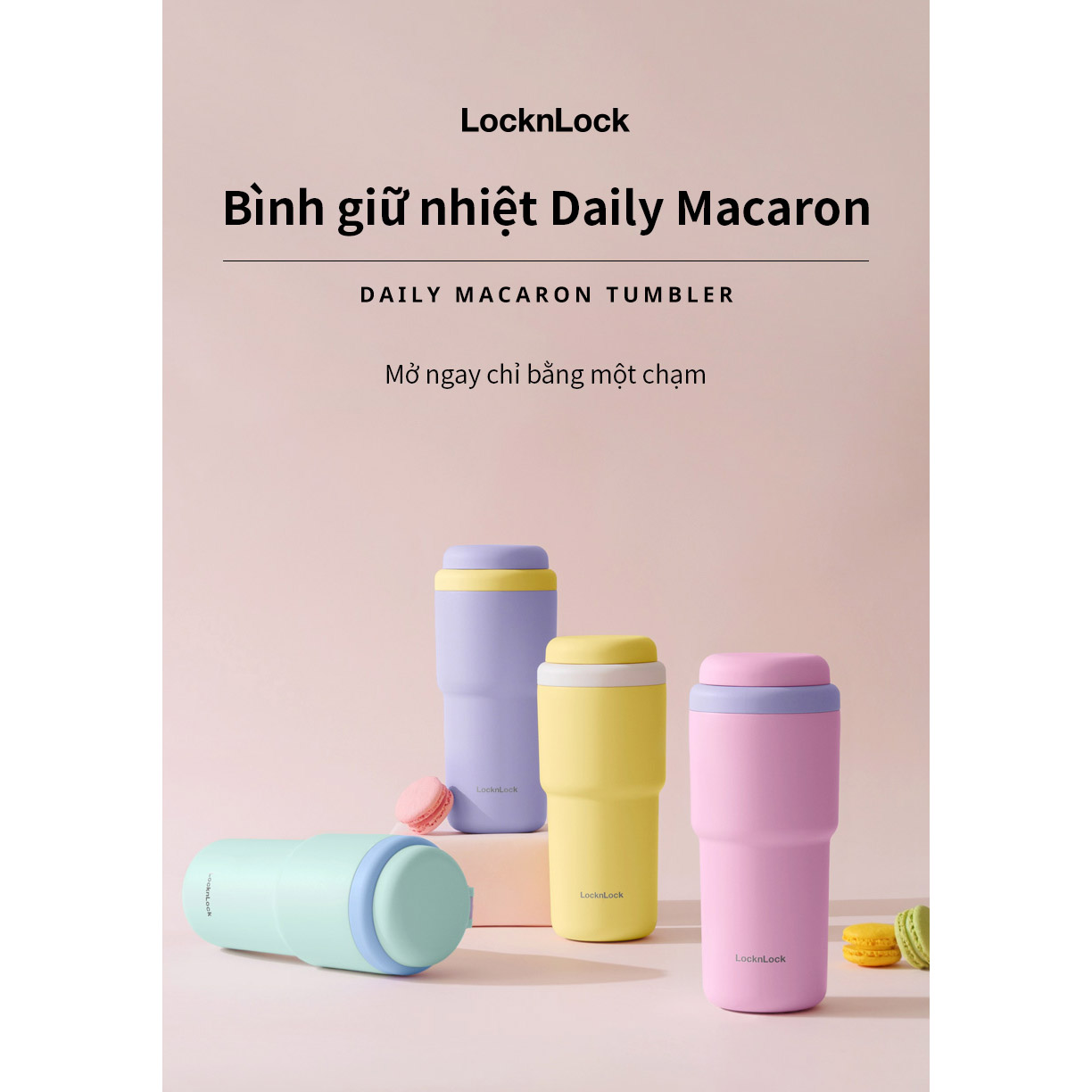 Bình giữ nhiệt LocknLock Daily Macaron LHC3292 - Nắp mở một chạm - Dung tích 480ML