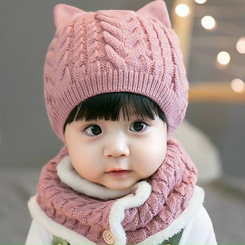 103# Mũ len, Nón len cho bé có kèm khăn quàng cài cúc- dùng cho cả bé trai và bé gái từ 6 tháng đến 4 tuổi