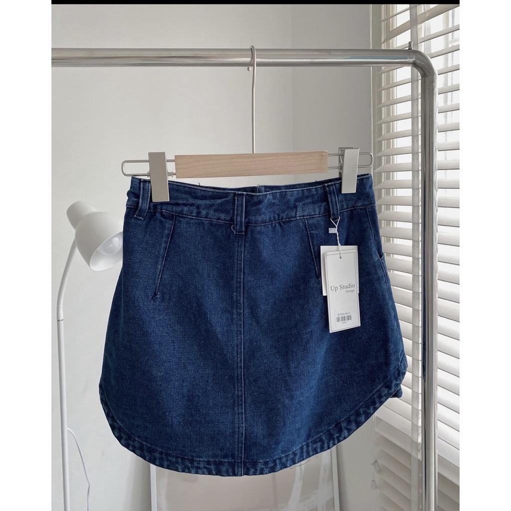 Chân váy jeans chữ A dáng ngắn EMIX, váy cạp cao, có quần trong basic, không lộ