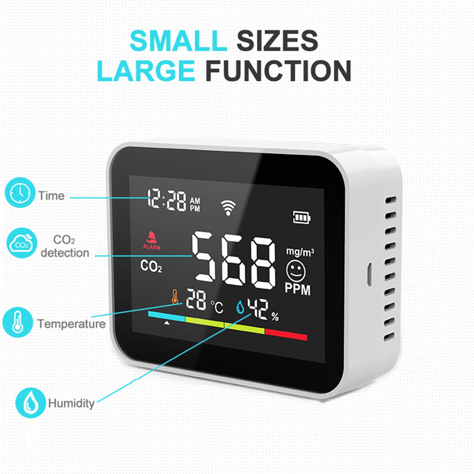 WiFi Smart CO2 Detector Portable Air Quality Monitor CO2 Alarm Meter LCD Temperature Humidity Tester Multifunctional CO2 Temp. & Humidity Detecting Gauge Carbon Dioxide Detection Intelligent Linkage Mobile Phone APP Remotes Viewing