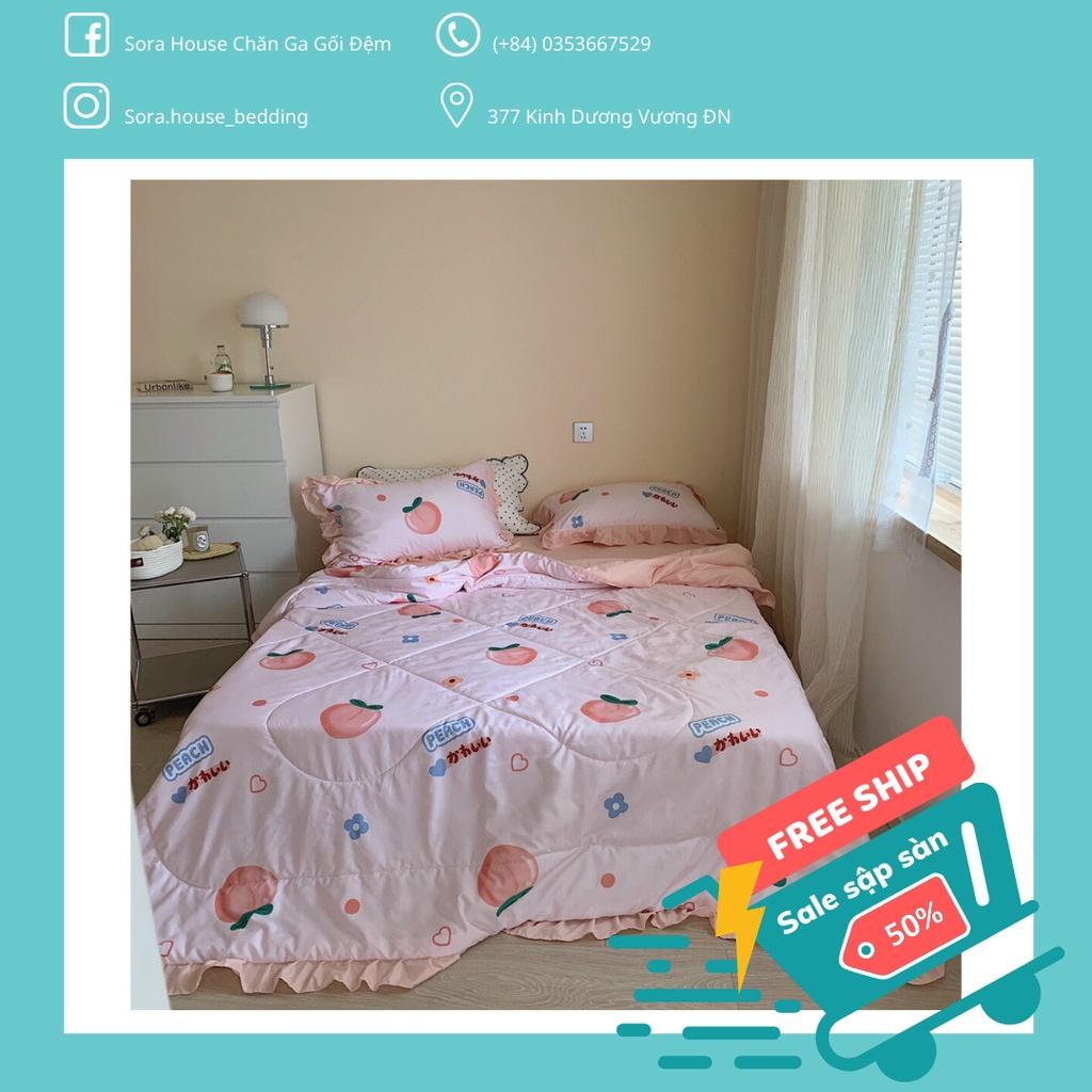Bộ Chăn Ga Gối Cotton Đũi Bèo Chăn Chần Đào hồng