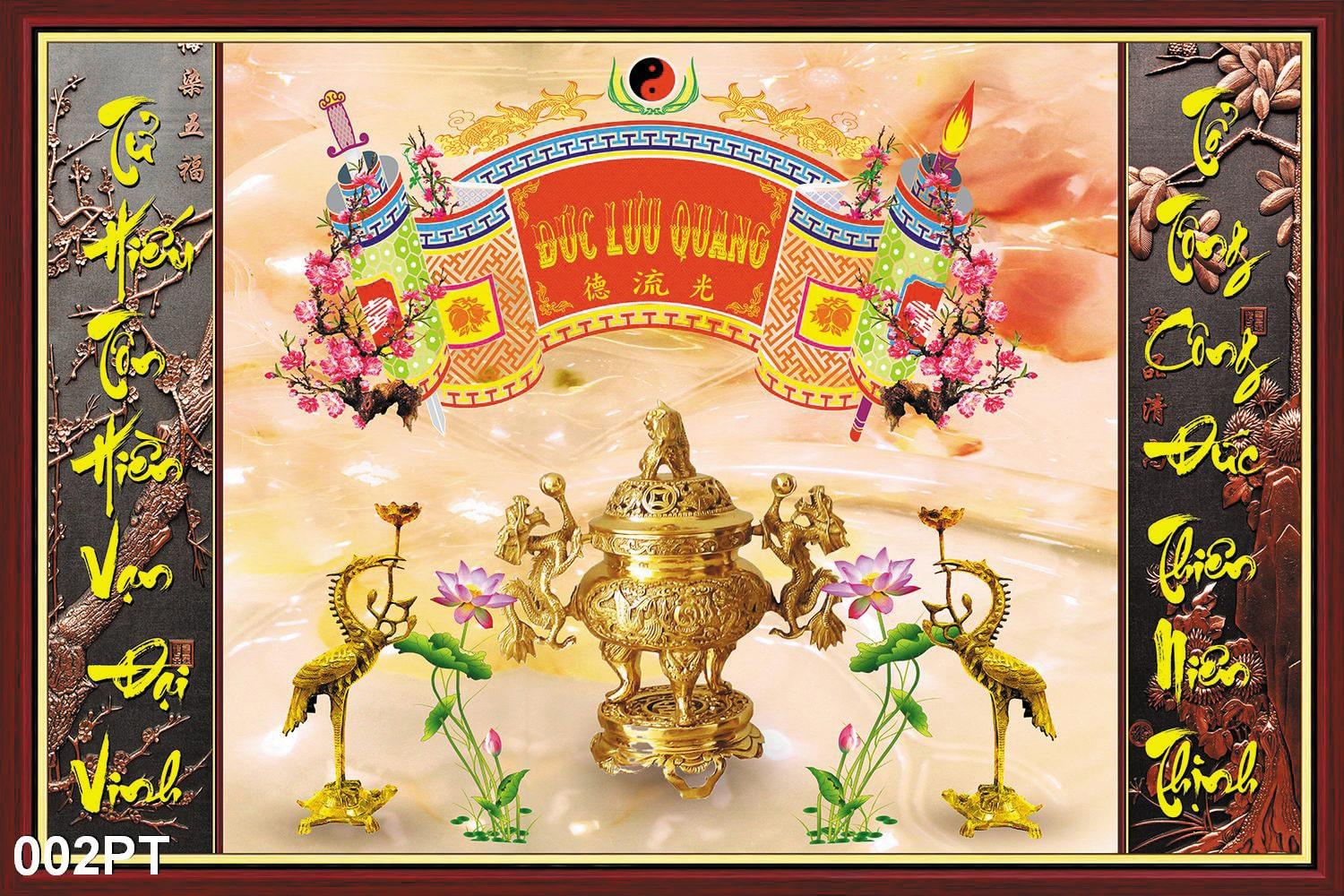 TRANH DÁN TƯỜNG VẢI LỤA 3D PHÒNG THỜ GIA TIÊN TẶNG KÈM KEO DÁN - TRANH THỜ CÚNG - TRANH MÂM QUẢ CÂU ĐỐI DÁN