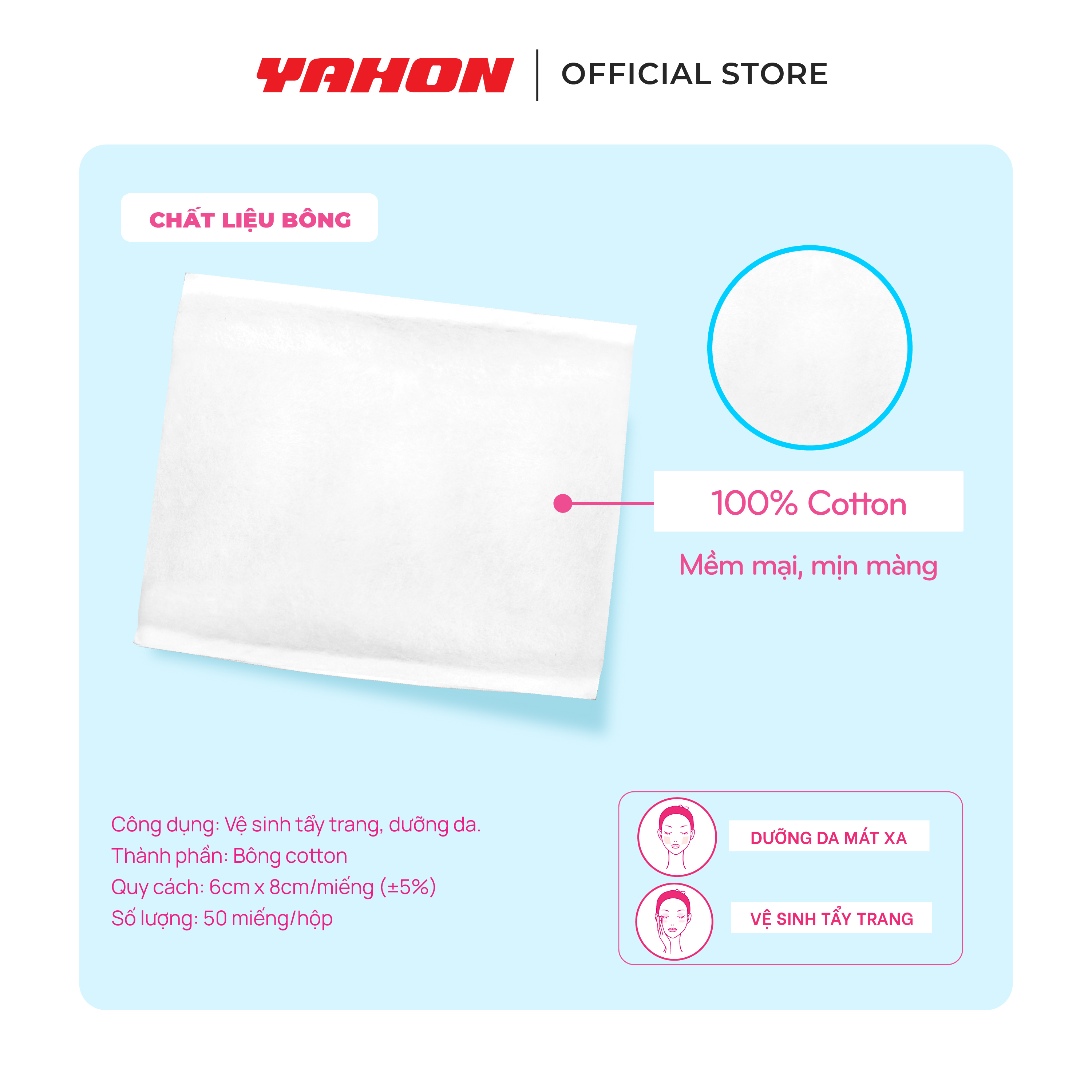 Bông Tẩy Trang Cotton POP-PUF Mềm Mịn, Có Thể Tách Lớp | 50 Miếng/Bao, 6*8cm/Miếng