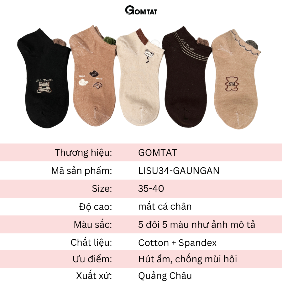 Set 5 đôi tất vớ nữ cổ ngắn GOMTAT mẫu gấu vintage, chất liệu cotton mềm mại thoáng mát cực êm chân - LISU33-GAUNGAN