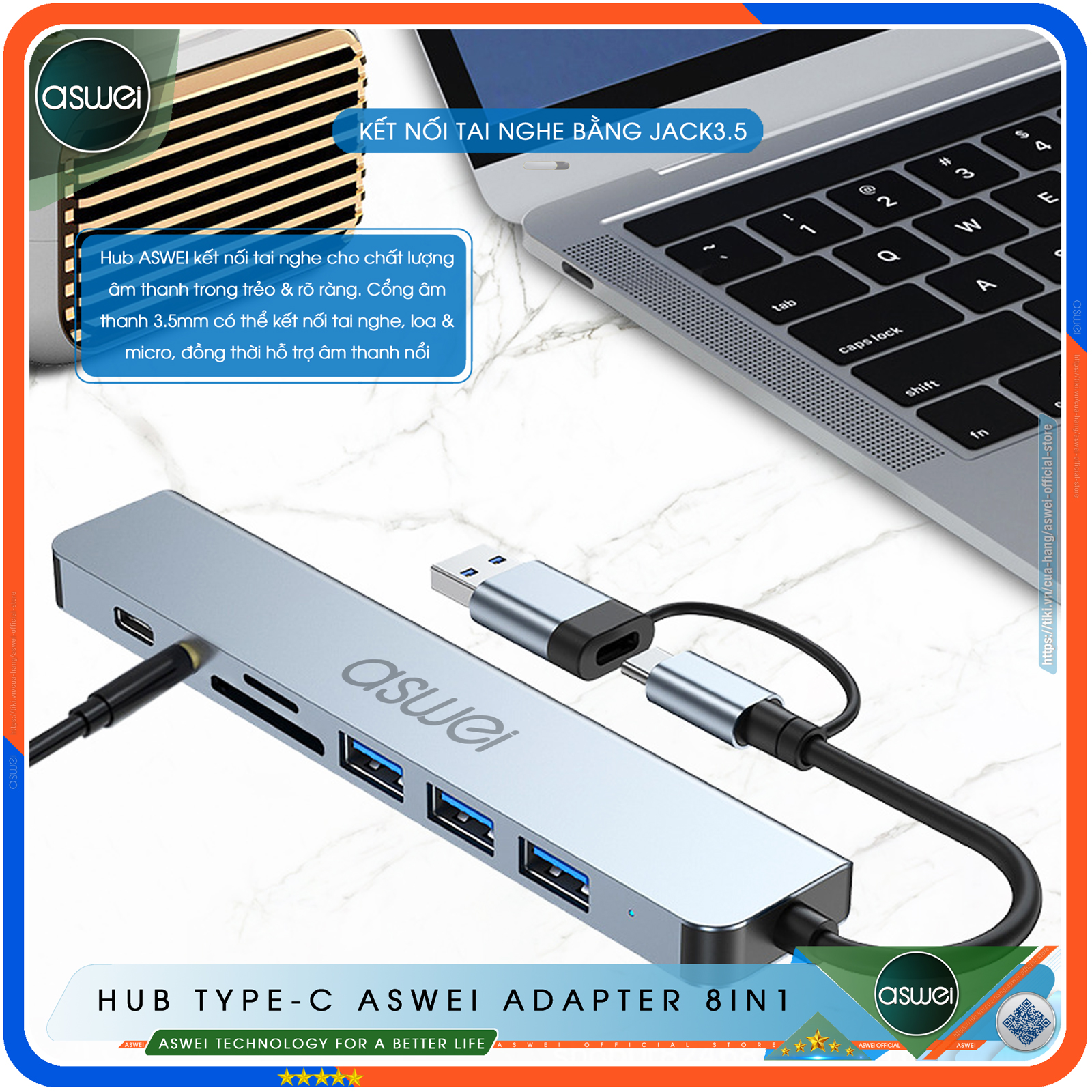 Hub Chuyển Đổi USB Type C ASWEI 8 in 1 To USB 3.0, SD, TF, USB C, Audio 3.5mm - Hàng Chính Hãng