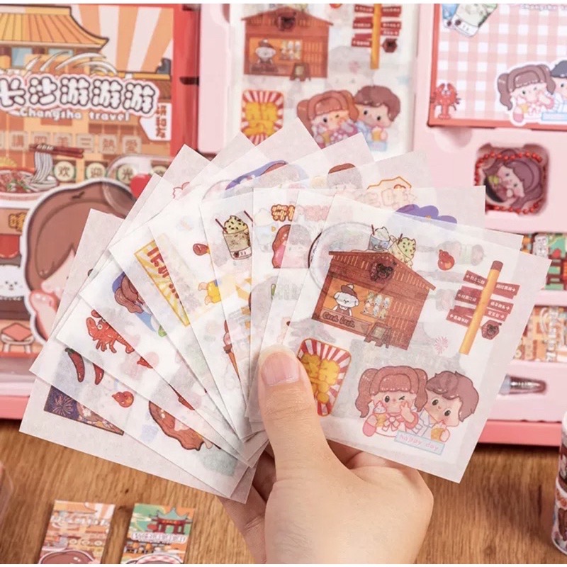 Set hộp quà tặng dễ thương kèm sổ tay sticker, washi, giấy note và móc khoá xinh và miếng nam châm chặn giấy