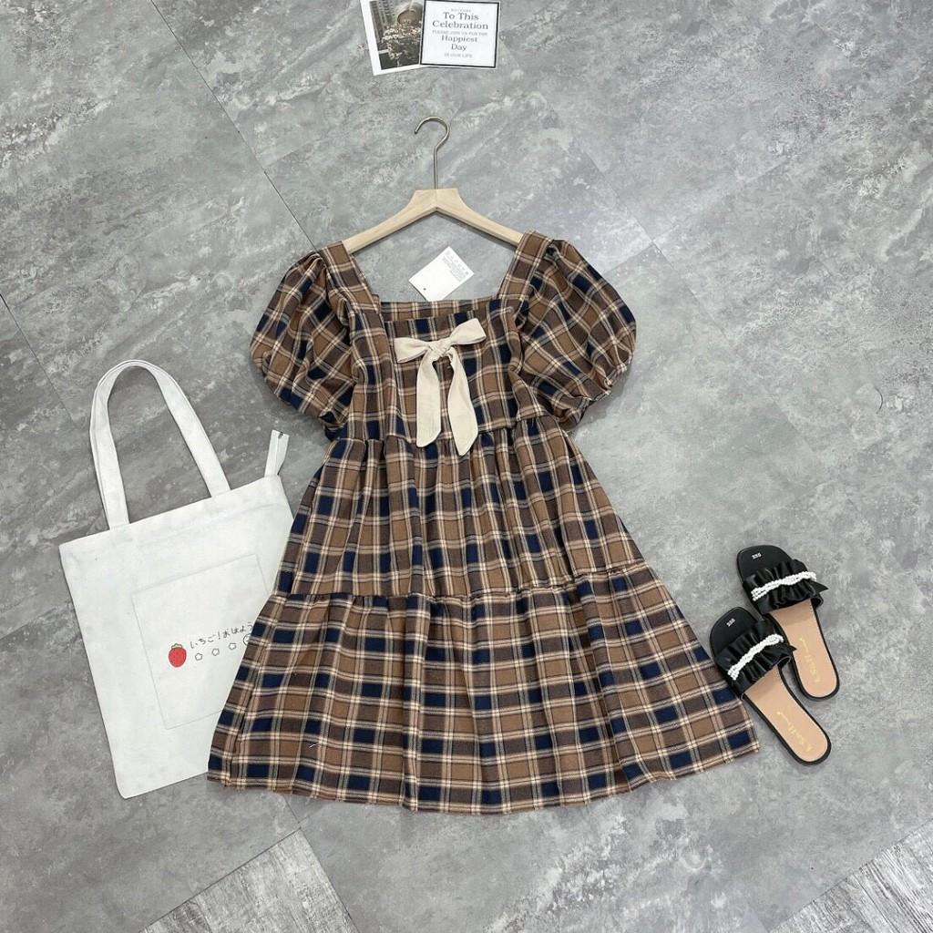 Đầm Babydoll Kẻ Caro Có Nơ Ngực Váy Babydoll Caro Tay Ngắn Có Nơ Ngực