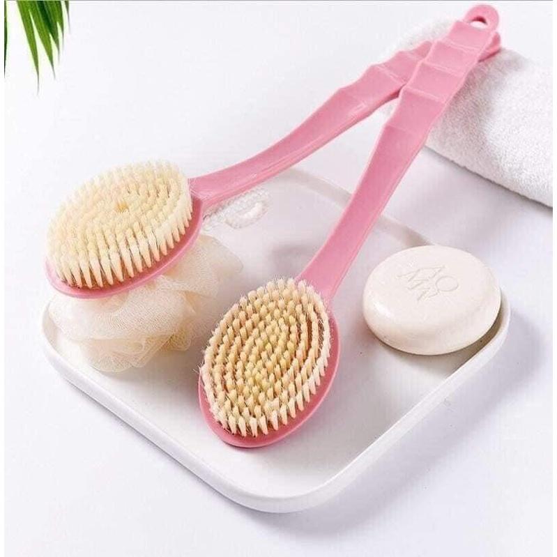 Cọ lưng kèm bông tắm tạo bọt 2 mặt, cây cọ lưng cán dài cầm tay 1mặt tẩy da chết 1 mặt tạo bọt