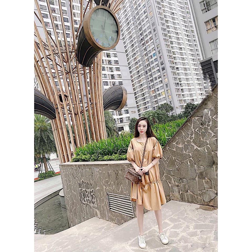 Vaý suông kiểu dúm đuôi cá, đầm xuông rộng freesize tay bo phồng 2 màu be, nâu mã V192 - Michi's House
