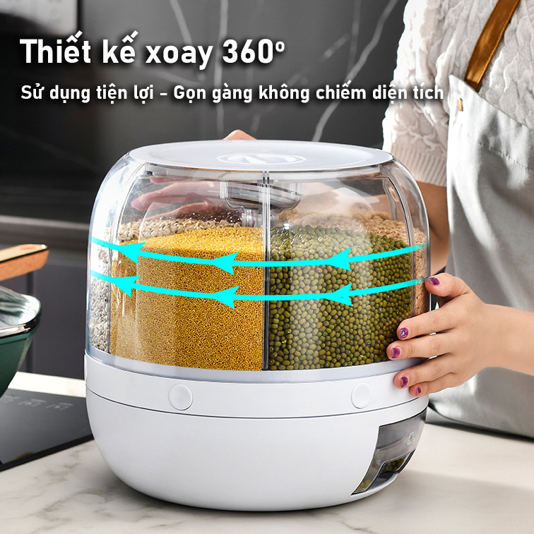 Hộp Đựng Ngũ Cốc Xoay 360 6 ngăn có nút bấm thông minh - K1698