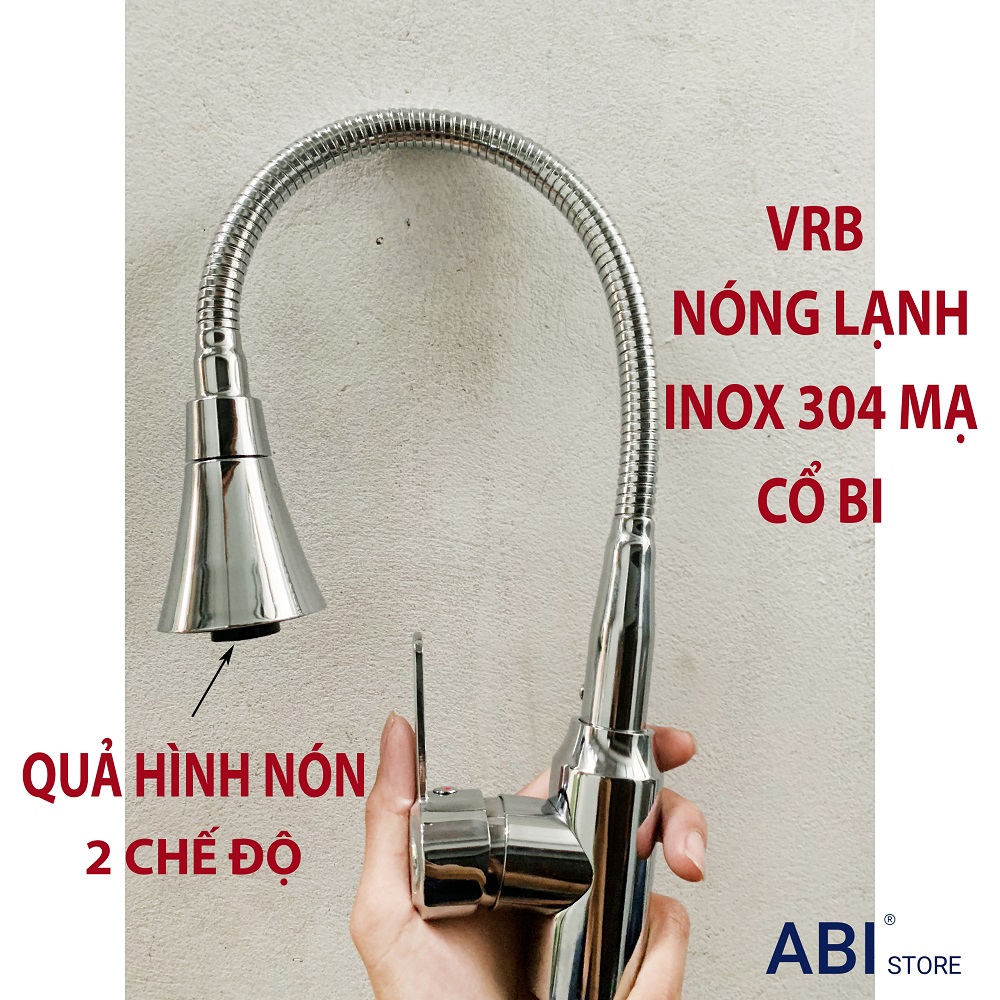 Vòi rửa bát inox 304 cổ bi cần mềm cắm chậu hàng đẹp, vòi chậu rửa chén nóng lạnh mạ crome kèm đôi dây cấp nước