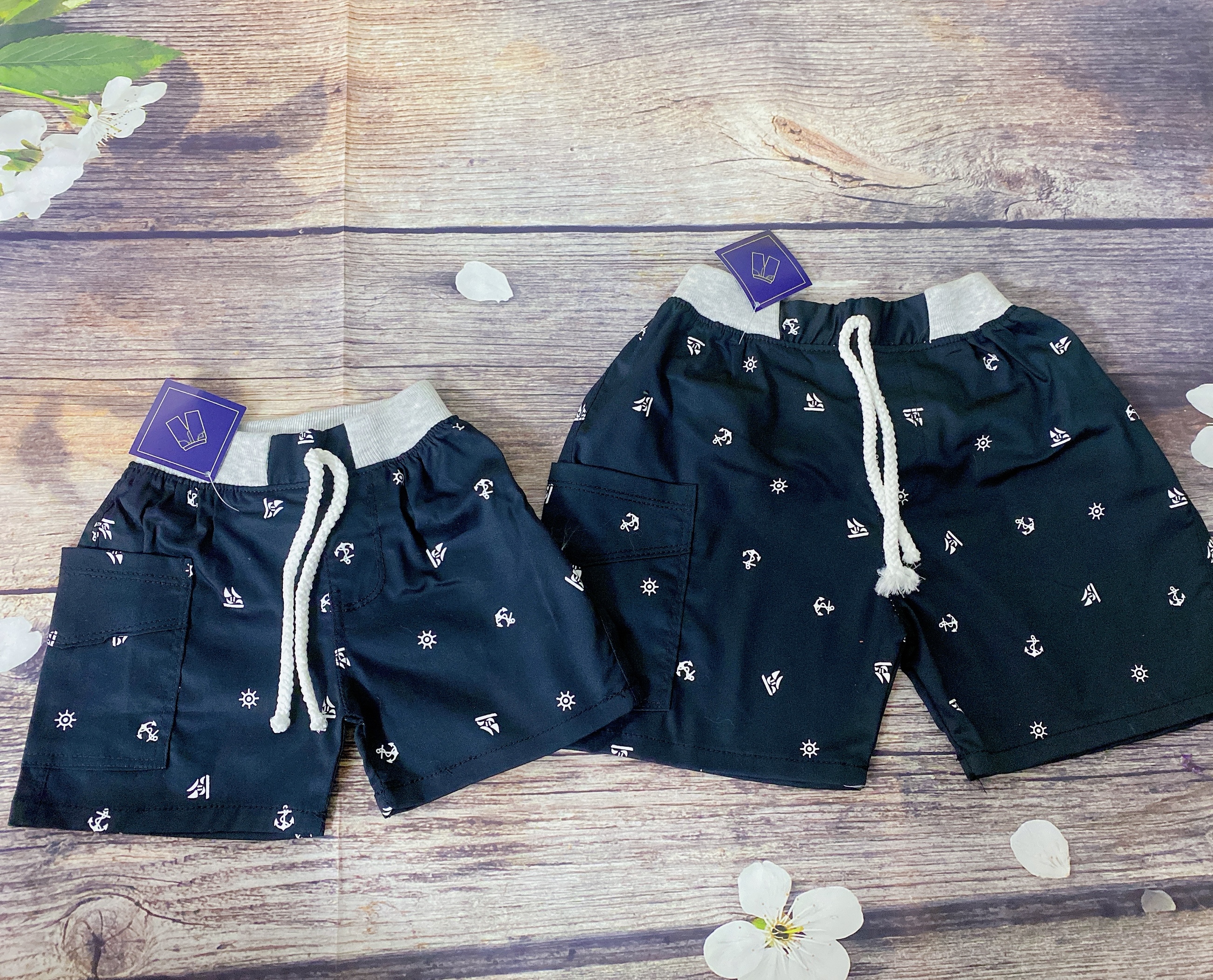 Quần Bé Trai Size 6-17Kg, 5 Tháng Đến 4 Tuổi Đen Hình Mỏ Neo Có 2 Túi, Quần Short Jean Đùi Thun Co Giãn