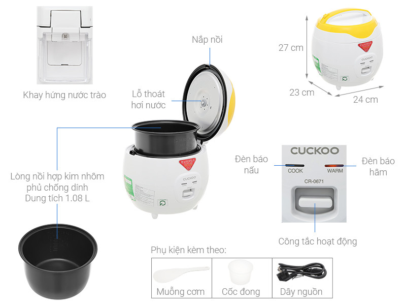 Nồi cơm điện Cuckoo 1,08 lít CR-0671- màu vàng- bản Quốc tế - Hàng chính hãng Cuckoovina