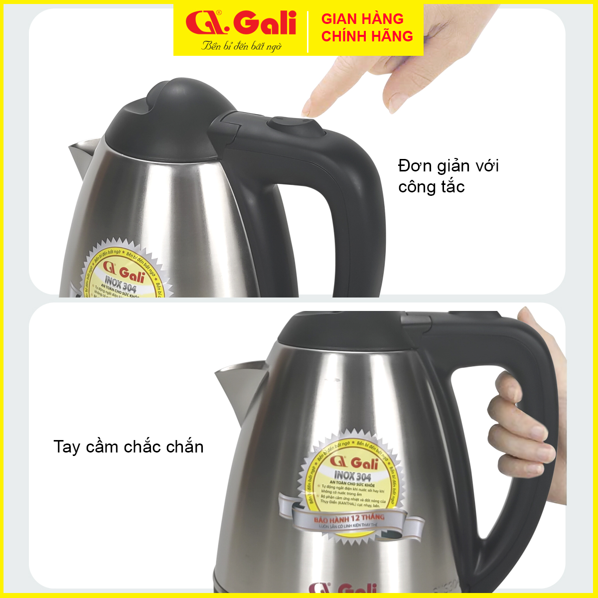 Ấm đun nước siêu tốc Gali dung tích lớn 5 lít, thân bình inox 304, đun sôi tự động ngắt điện, không phôi nhiễm, bảo hành 24 tháng Gali., hàng chính hãng 100%