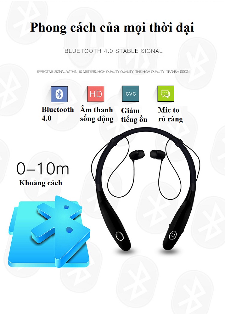 Tai Nghe Thể Thao Bluetooth BHS900S, Thiết Kế Đeo Cổ Và Nhét Tai, Âm Thanh Sống Động