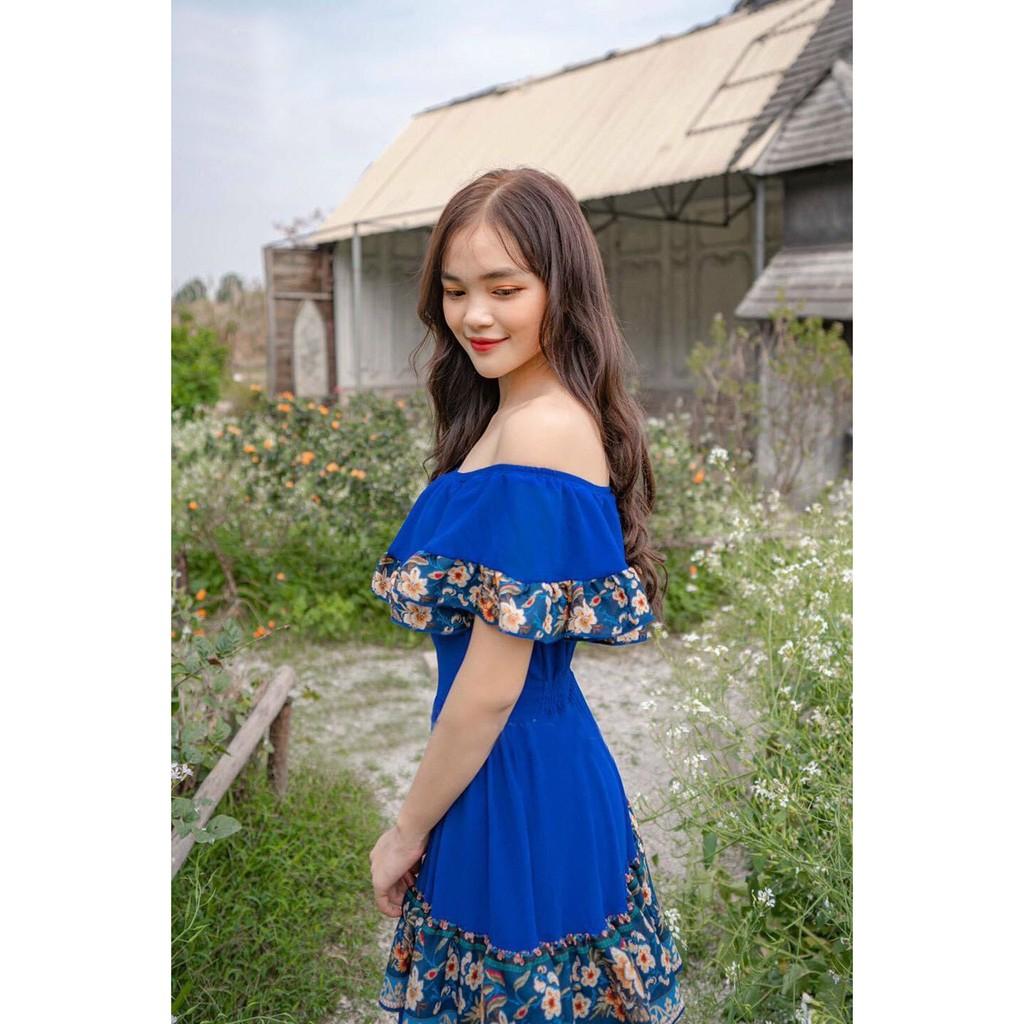 Đầm Maxi Đi Biển SAVVY Dress Đầm nữ Dáng Xòe Bẹt Vai Phối Hoa thổ cẩm