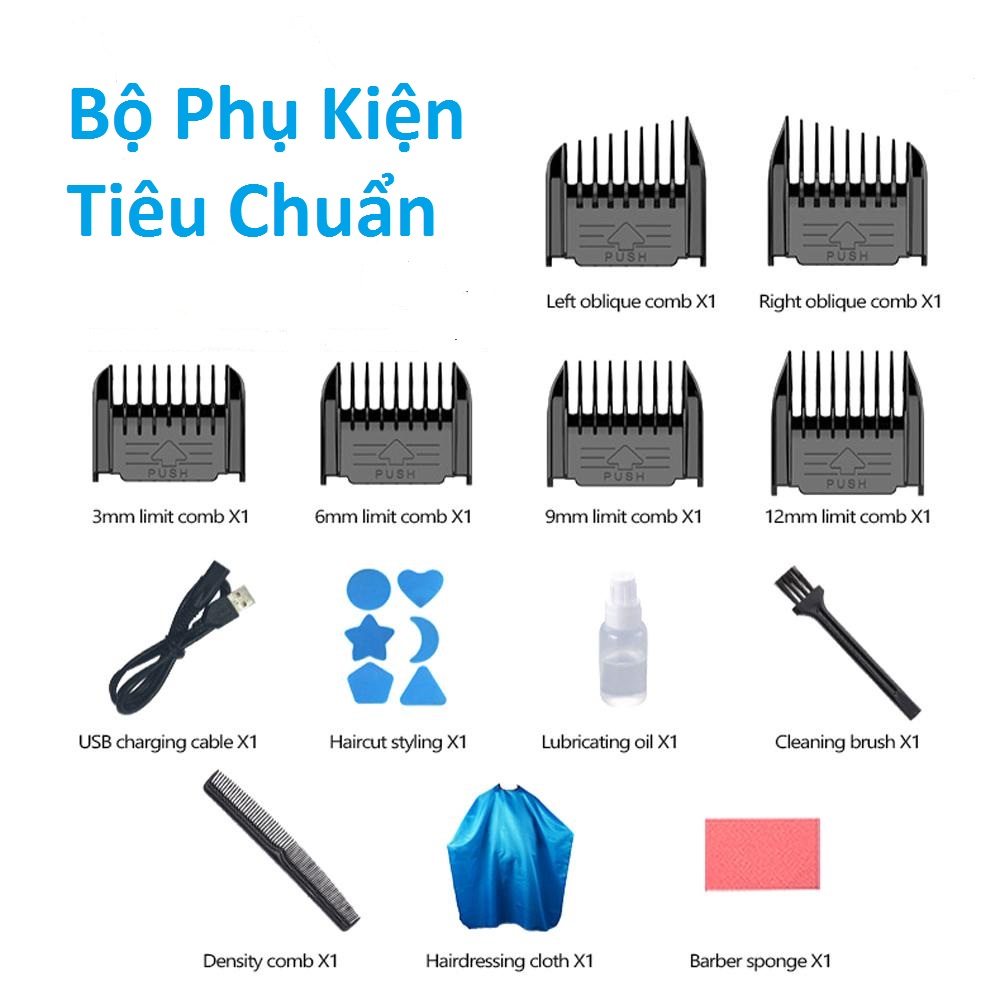 Tông Đơ Cắt Tóc Cao Cấp Màn Hình Hiện Thị Pin, Lưỡi Sứ,Pin Trâu 2000 mAh.Chống Nước,Tặng Kèm Áo và Lược Cắt Tóc + 2 Kéo Cắt Tỉa Tóc FULLBOX