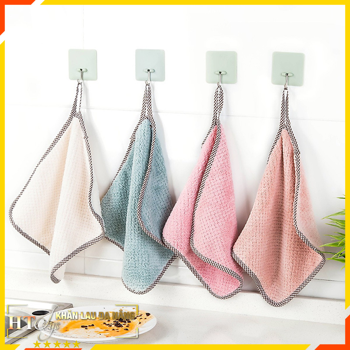 Bộ 10 khăn lau đa năng 2 mặt HT SYS-Khăn lau nhà bếp, khăn lau tay, khăn lau cửa kính - Chất liệu Microfiber-25.5cmx25cm-Tặng 05 móc dán tường