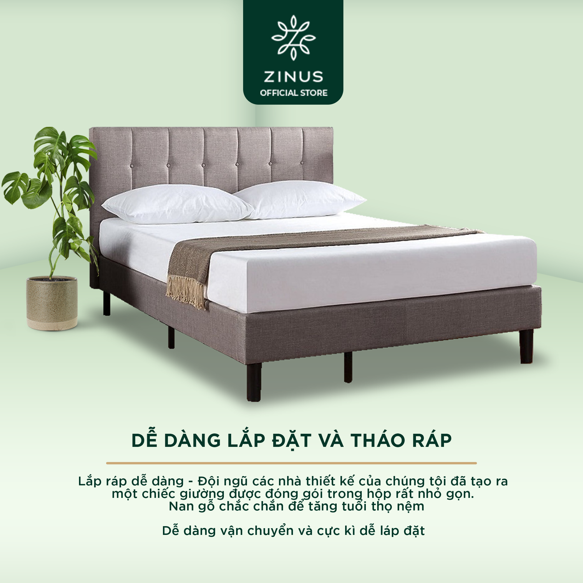 Giường Bọc Nệm Zinus Tự Lắp Ráp Sang Trọng Phong Cách Mỹ - Vertically Cushioned Platform Bed