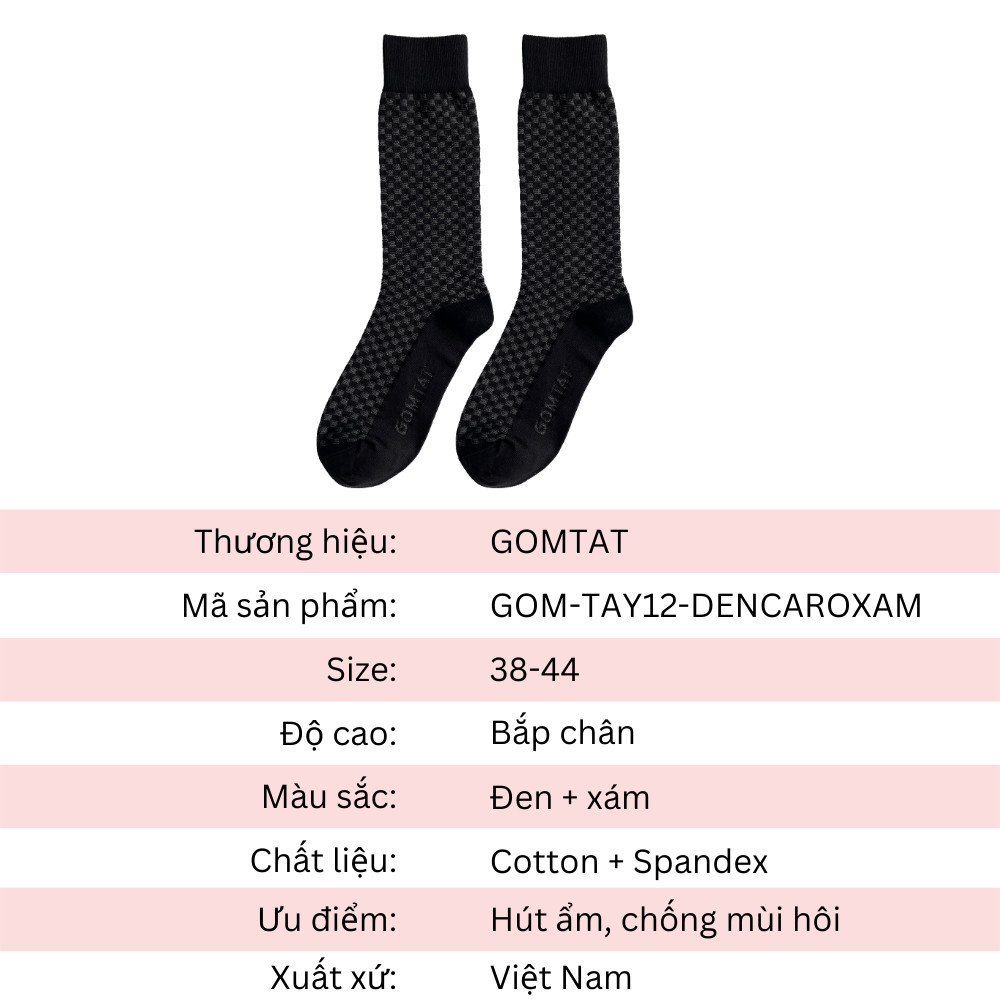 Tất nam công sở cổ cao 27cm, vớ nam đi giày tây họa tiết đen caro xám chất liệu cao cấp - GOM-TAY12-DENCAROXAM