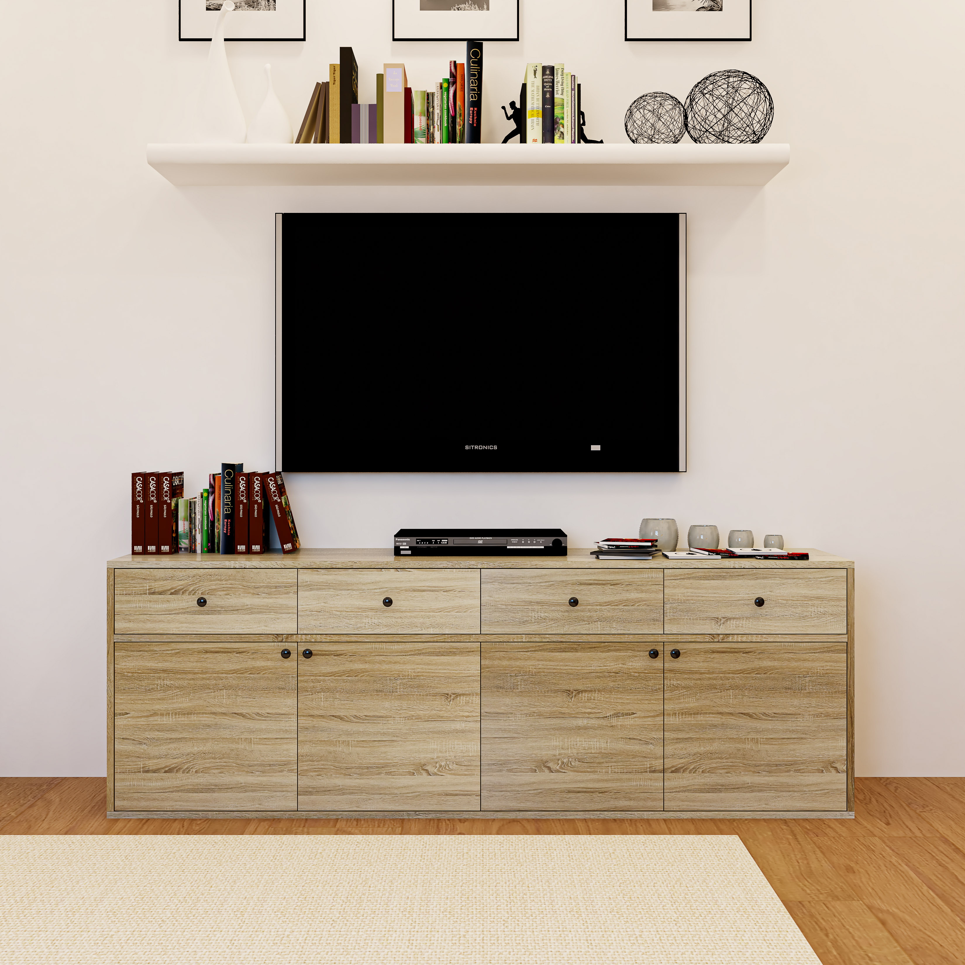 HAPPY FURNITURE , ZACY - Kệ TV 4 cửa mở 4 ngăn kéo, KTV_061 , 180cm x 40cm x 62cm DxRxC, Sản phẩm phổ thông