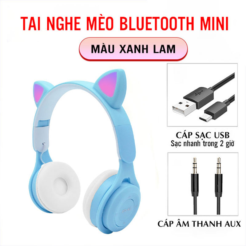 Tai nghe bluetooth tai mèo có mic Headphone tai mèo dễ thương, âm bass mạnh mẽ, dung lượng pin khủng -BH 12T