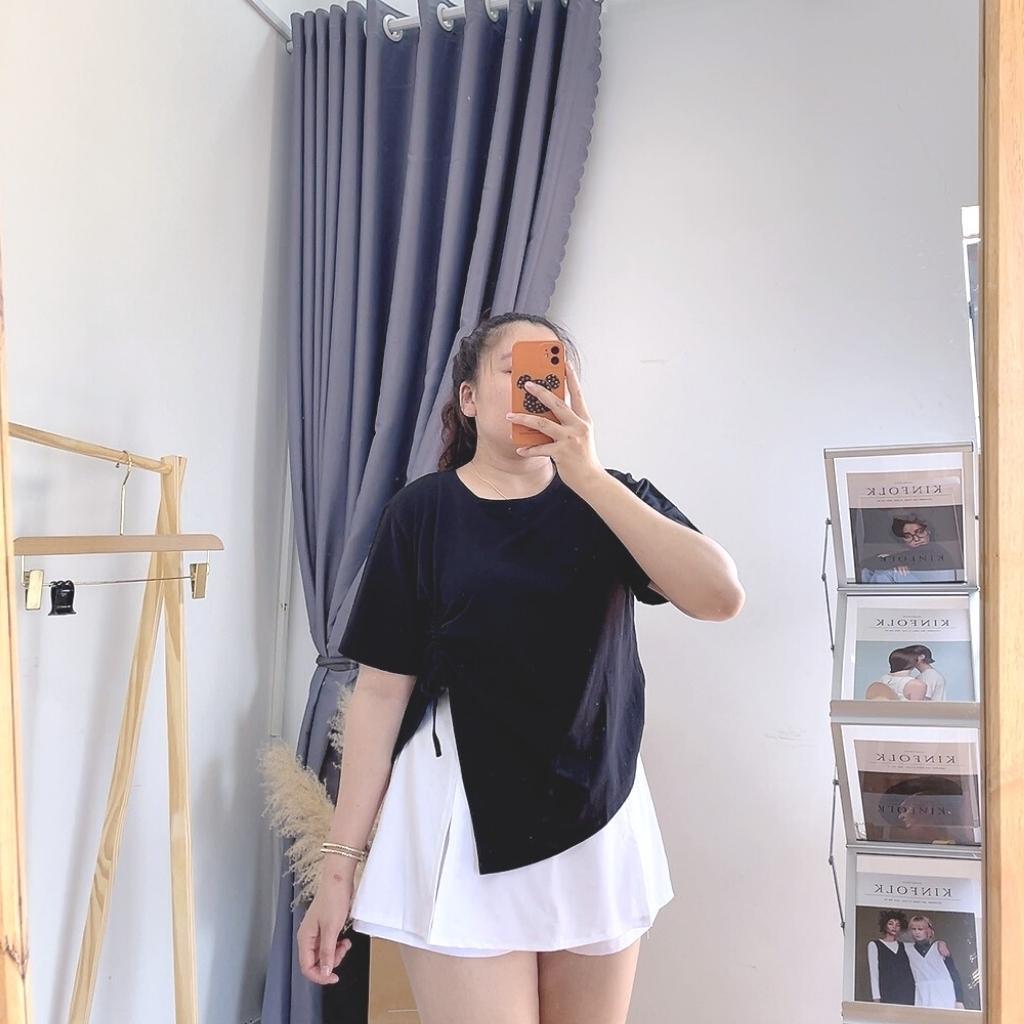 Áo thun tay ngắn croptop bigsize nữ form rộng xẻ kiểu một bên rút dây chất liệu cotton 58kg-95kg A29 - MÀU TRẮNG