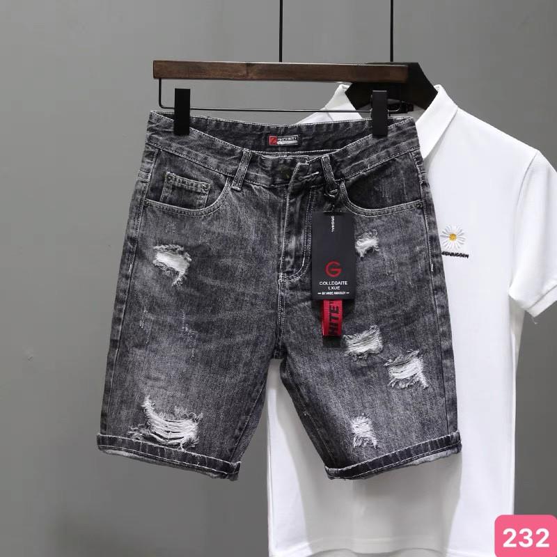 Quần short đùi jean nam xám đen đậm rách gối chất bò cao cấp co dãn 4 chiều cực đẹp, quần rin nam HD06 Mẫu Mới