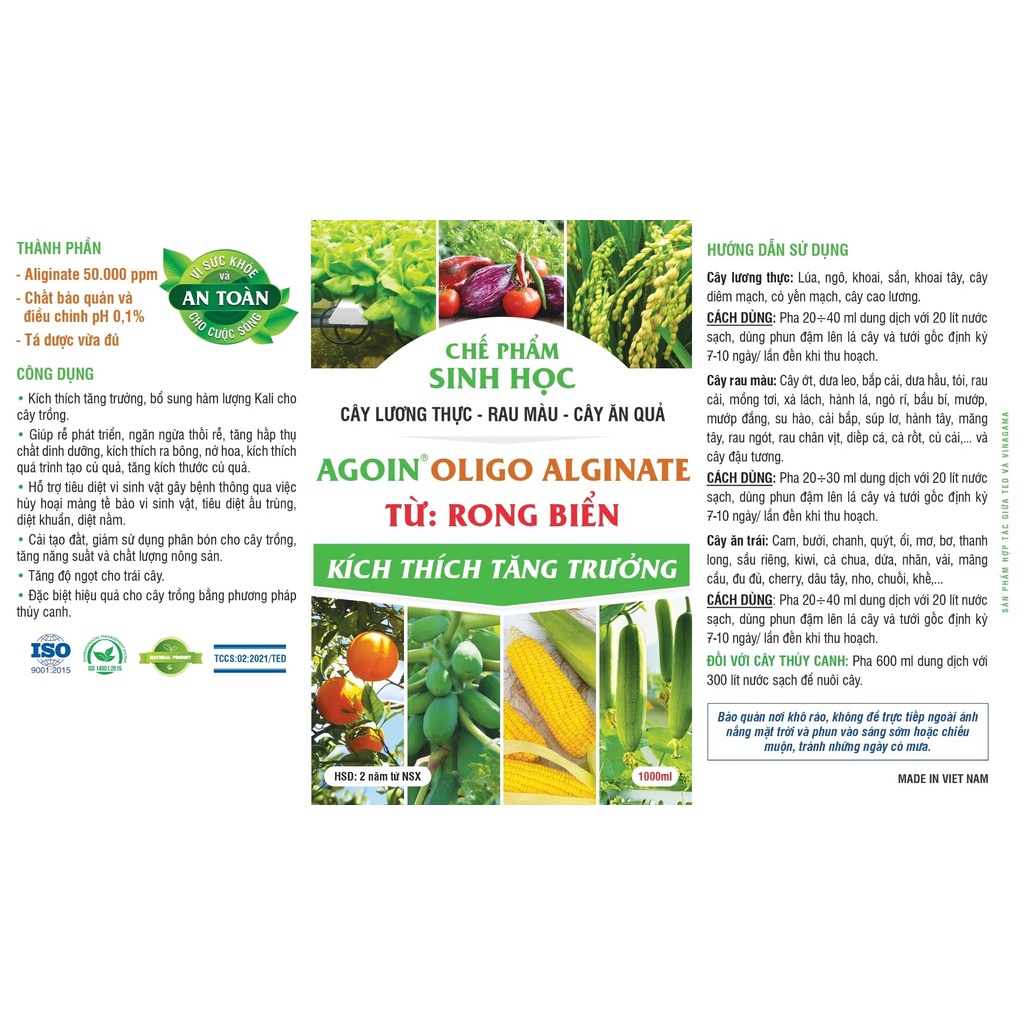 Chế Phẩm Sinh Học AGOIN Oligoalginate Giúp Rễ Phát Triển Kích Thích Ra Bông, Nở Hoa, Tăng Kích Thước Củ Quả.