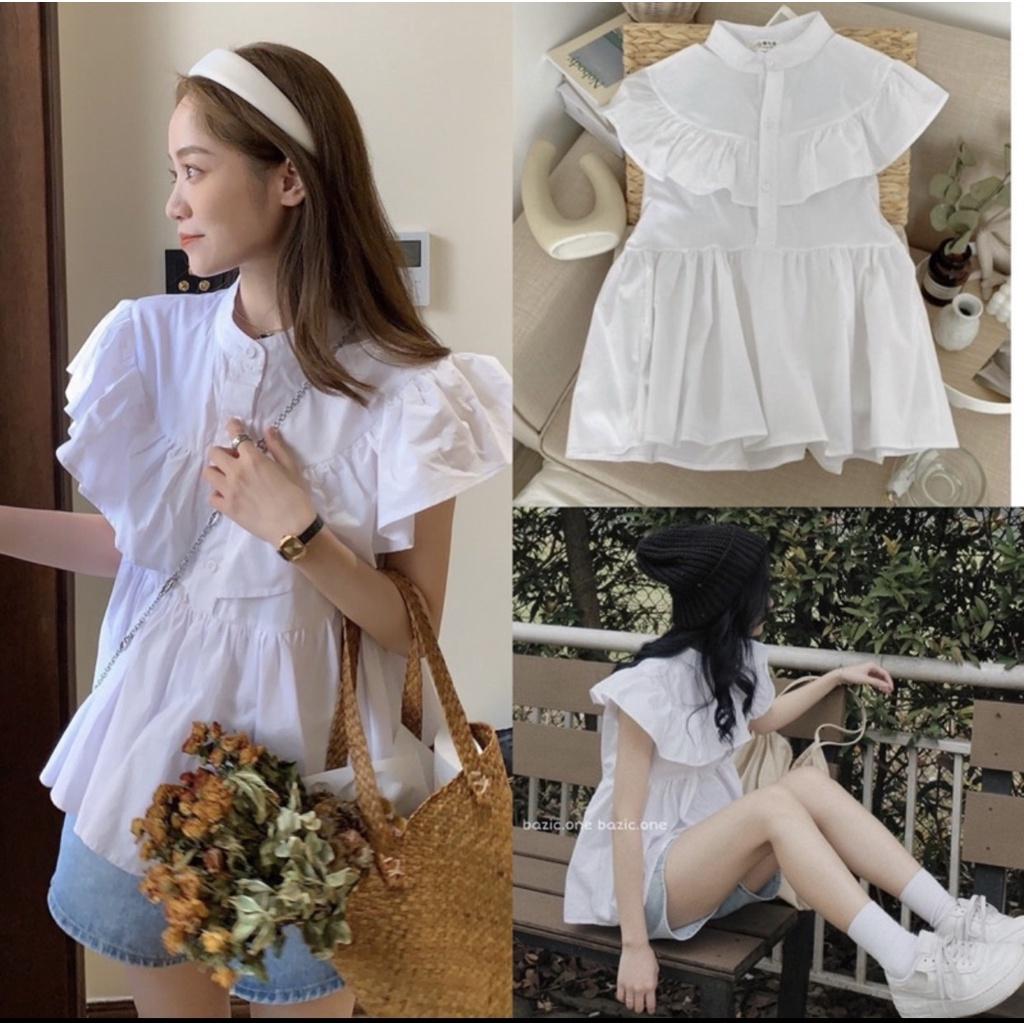 Áo sơ mi cổ bèo tiểu thư ngắn tay, form babydoll ulzzang, phong cách Hàn Quốc, chất đũi QC mềm mát, QUYNHANHPUKA