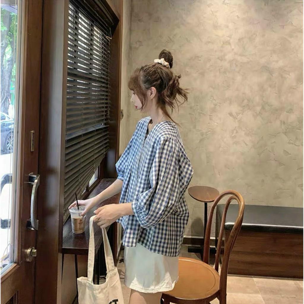 Sét Áo Peplum Caro Xanh Và Quần Short Trắng Áo Kẻ Caro Tay Lỡ Bồng Cổ Chữ V LANI SHOP