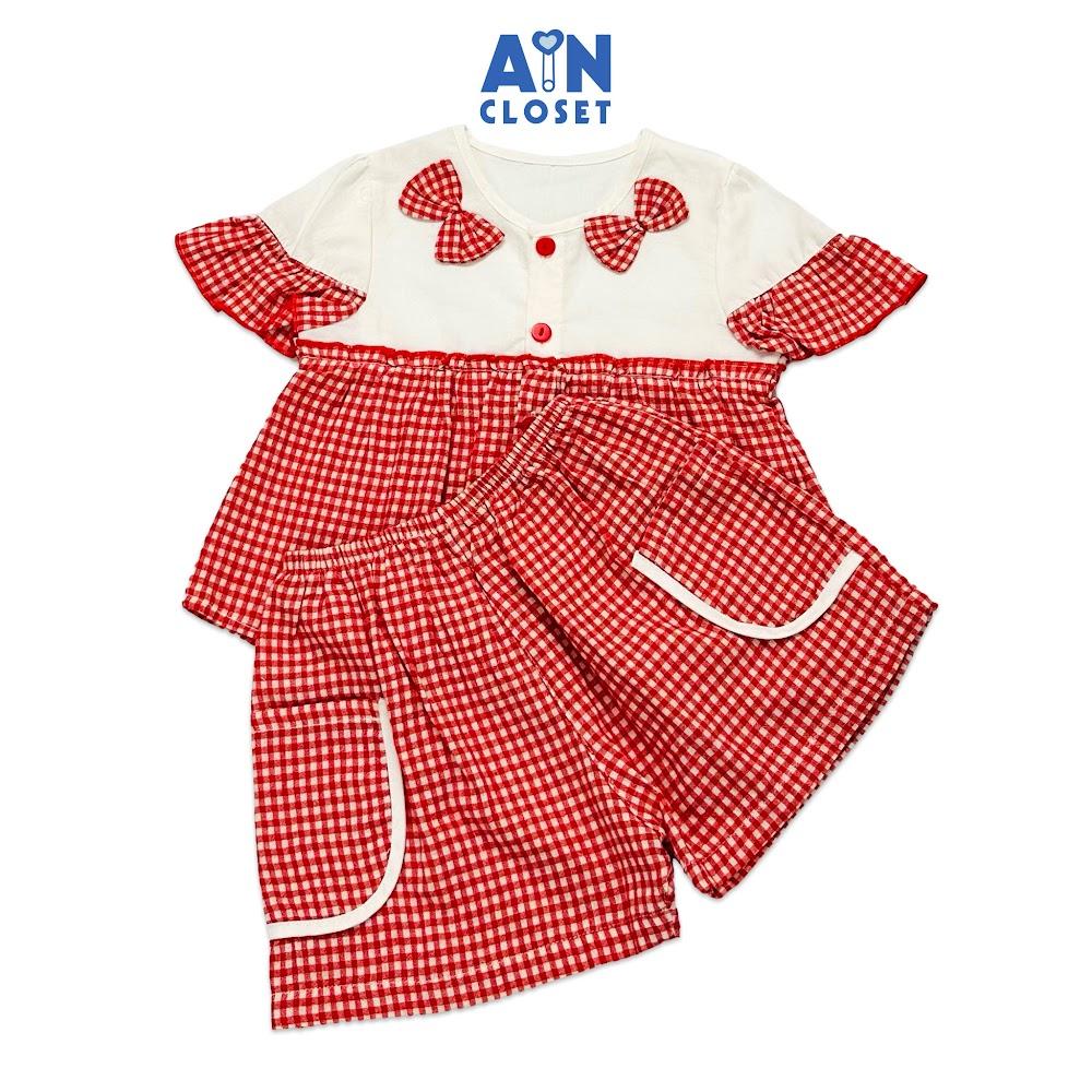 Bộ quần áo ngắn bé gái họa tiết Caro Đỏ Nơ cotton - AICDBGW6JL49 - AIN Closet