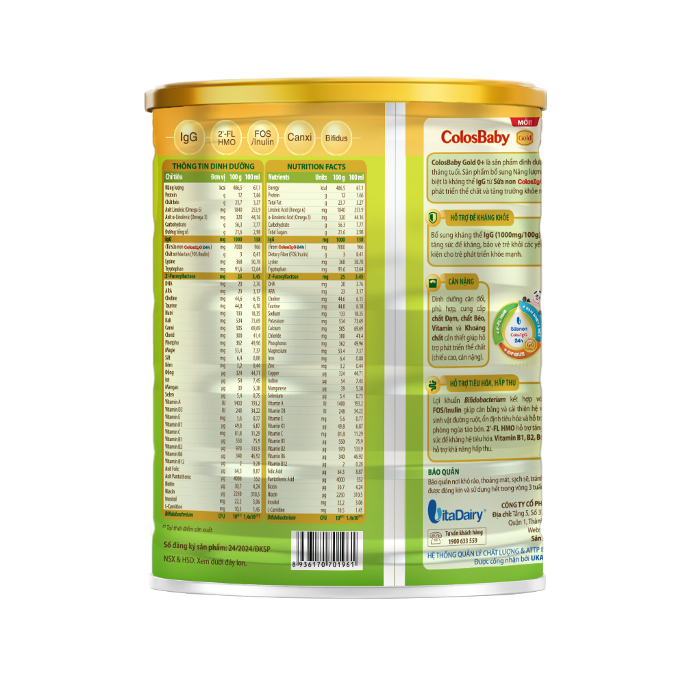 Sữa non Colosbaby Gold (MỚI) 0+ 800g, sữa bột giúp bé tăng cường đề kháng, tăng cân vượt trội - VitaDairy