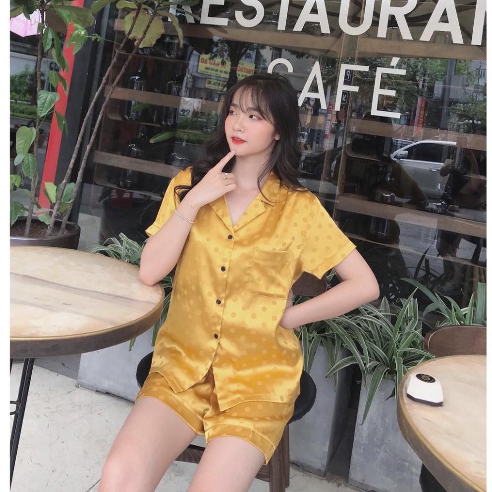 Freeship Đồ ngủ pijama lụa gấm chấm bi cộc đùi